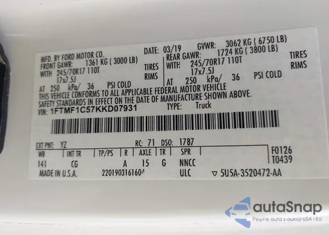 2019 Ford F-150 Xl z USA, uszkodzony, nr VIN 1FTMF1C57KKD07931